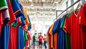 Shop vibrant discount football shirts displayed in a modern retail setting.