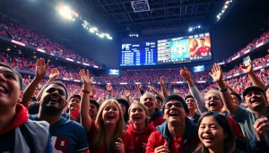 스포츠중계를 즐기는 팬들이 가득 찬 경기장에서 응원하는 장면.