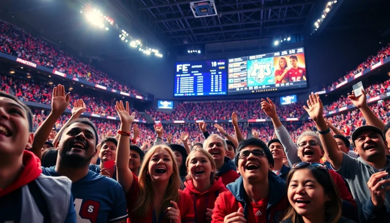 스포츠중계를 즐기는 팬들이 가득 찬 경기장에서 응원하는 장면.