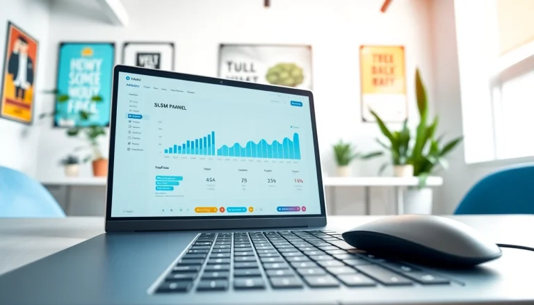 Engaging visual of a laptop showcasing a cheap smm panel analytics in a modern workspace.