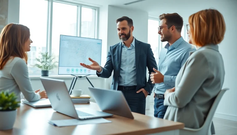 Engaging real estate discussion showcasing clients and agent in a professional office setting.