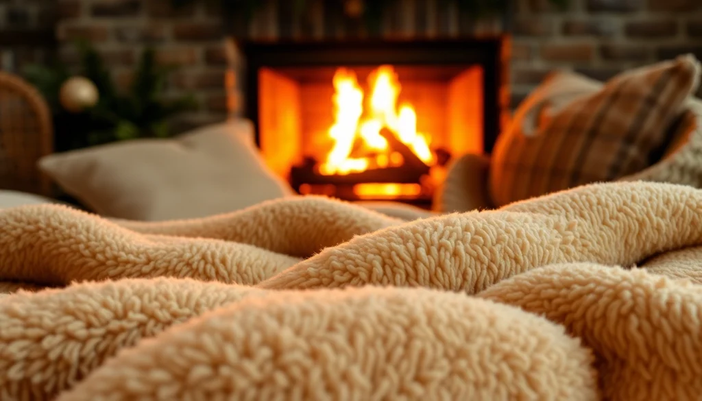 Fleece stof met zachte textuur in een gezellige woonkamer met een open haard.