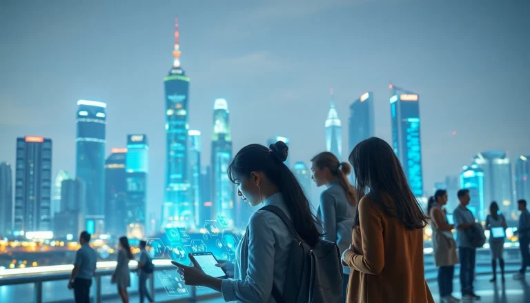 Engaging depiction of Technology showing a futuristic city with diverse people using holographic devices.