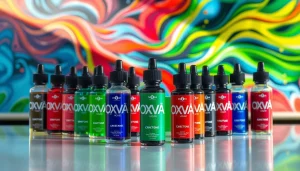 Oxva Liquid Flaschen stilvoll auf einem modernen Tisch angeordnet, betont durch lebendige Farben.