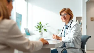 Engaged professional discussing Health with a patient in a modern clinic.