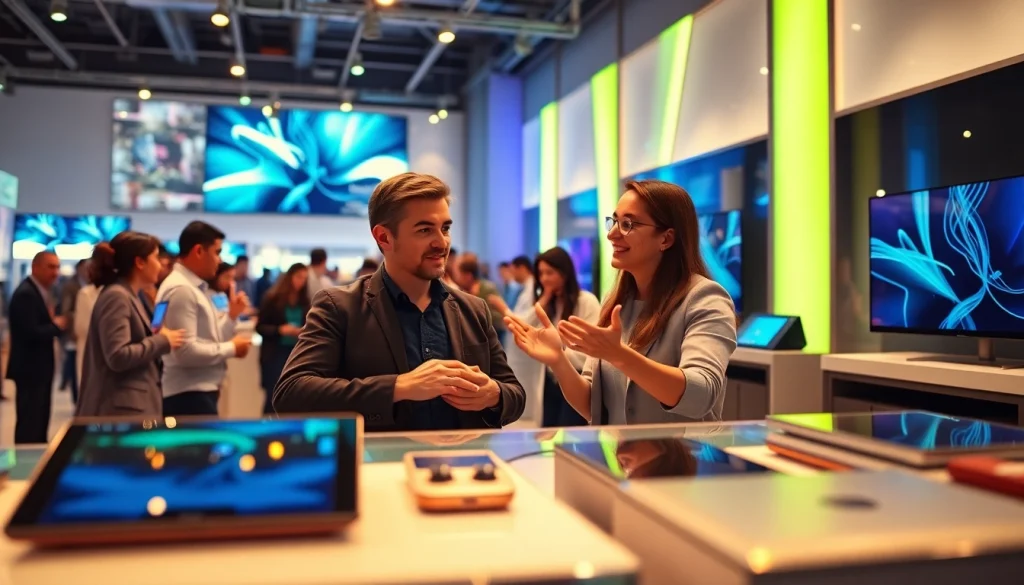 Engaging product demonstrations showcasing innovative electronics in a modern showroom setting.