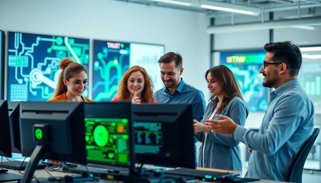 Managed IT support specialists collaborating in a dynamic office environment.