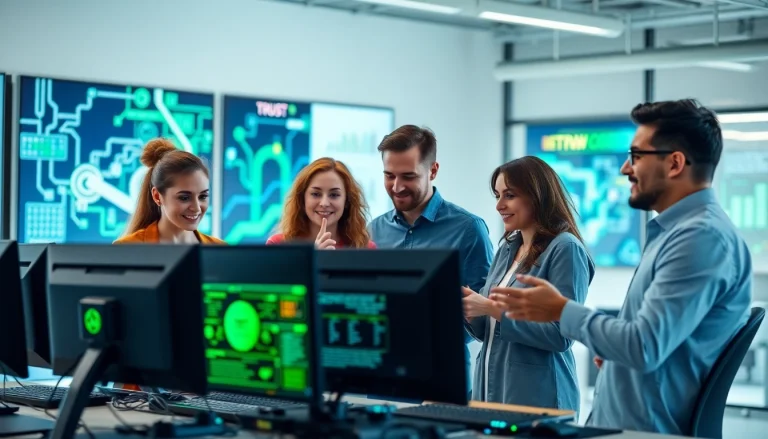 Managed IT support specialists collaborating in a dynamic office environment.