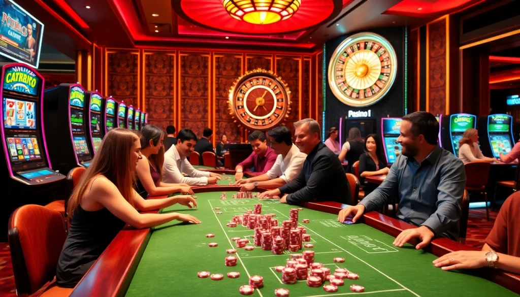 A lively casino scene with players at tables, slot machines, and poker chips, embodying the excitement of KJC AC 3.