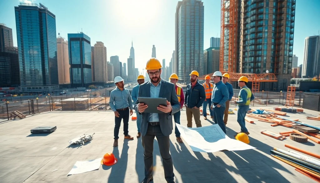 New York Construction Manager coordinating a construction site with professional tools and a diverse team.