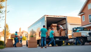 Toronto movers work diligently to load boxes and furniture at a sunny residential site.