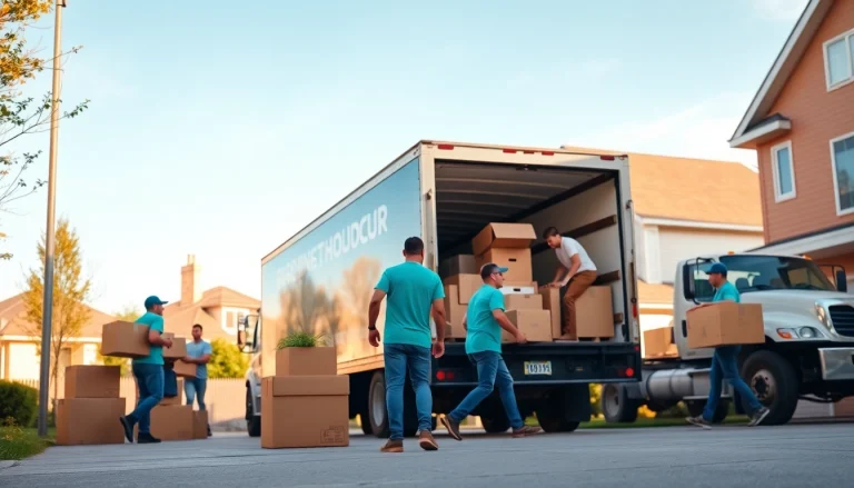 Toronto movers work diligently to load boxes and furniture at a sunny residential site.