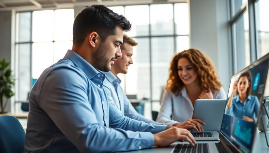 Professionals collaborating on cloud services Tampa in a modern office environment.