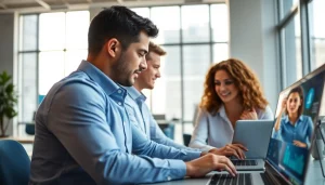 Professionals collaborating on cloud services Tampa in a modern office environment.