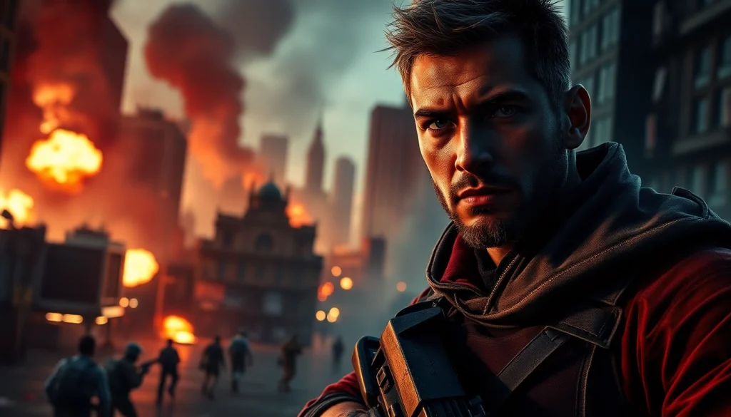 Bayside Boom showcases an intense action scene with the protagonist in tactical gear amidst chaos.