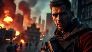 Bayside Boom showcases an intense action scene with the protagonist in tactical gear amidst chaos.