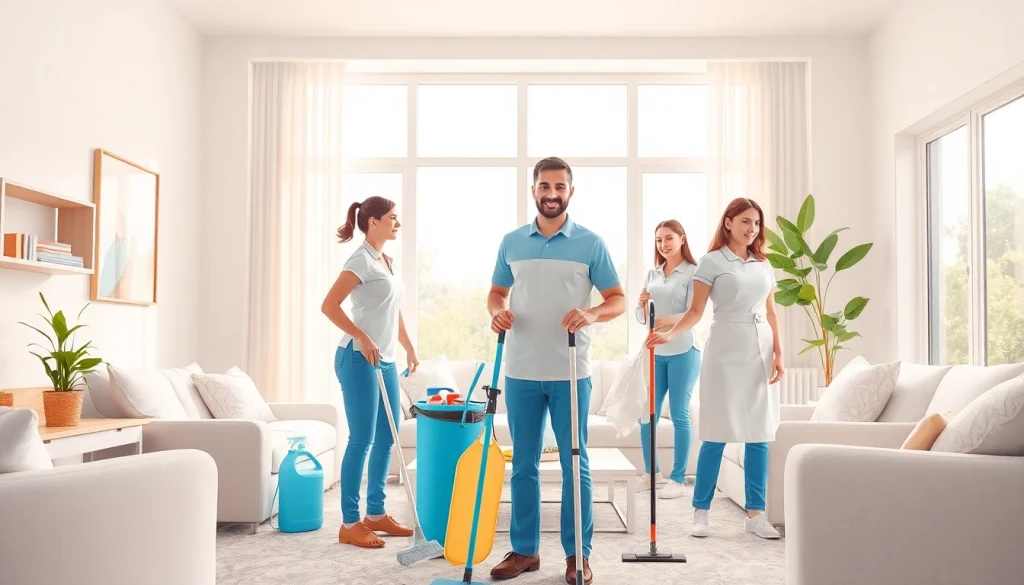 Cleaners providing a thorough cleaning service in a beautifully organized home.