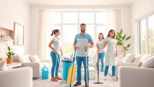 Cleaners providing a thorough cleaning service in a beautifully organized home.