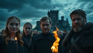 Featuring members of the game of thrones cast poised dramatically in a wintery setting.