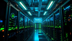 Dynamic bitcoin mining facility showcasing advanced ASIC miners and GPU rigs