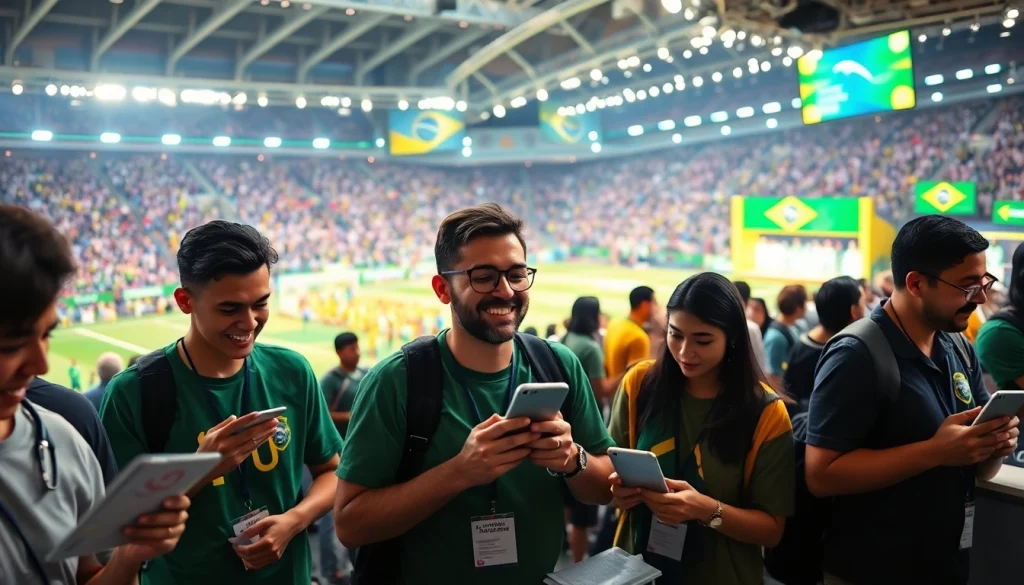 Engage with the best sports betting sites for Brazil, showcasing lively bettors in an exciting sports arena.