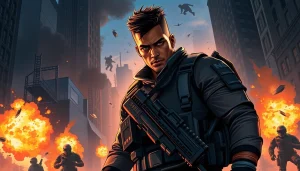 Bayside Boom showcases Orlando Black in a dramatic action pose, surrounded by chaos and suspense.