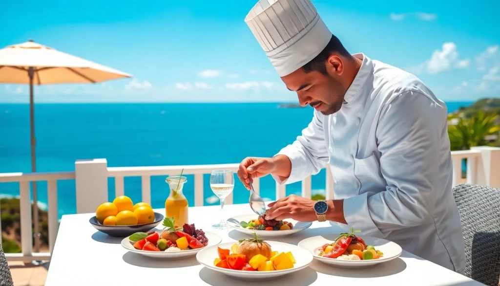 St Martin Private Chef preparing a gourmet dish on a sunny terrace by the ocean.