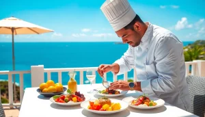 St Martin Private Chef preparing a gourmet dish on a sunny terrace by the ocean.