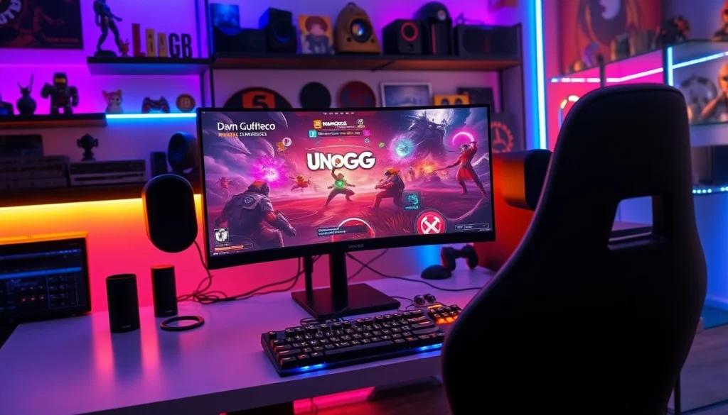 Bermain Unogg game dengan ruang kerja gamer modern dan peralatan gaming yang canggih.