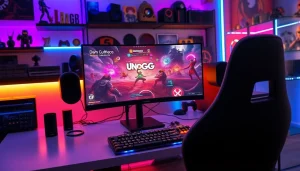Bermain Unogg game dengan ruang kerja gamer modern dan peralatan gaming yang canggih.