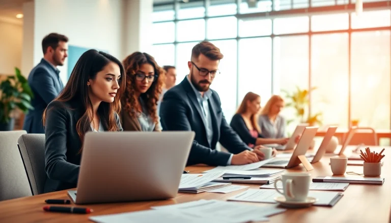 Explore small business jobs in a bright office setting with professionals engaged in work.