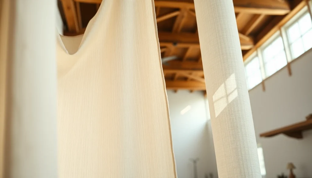Linnen stof hangend in een zonnige kamer met rustieke houten balken.