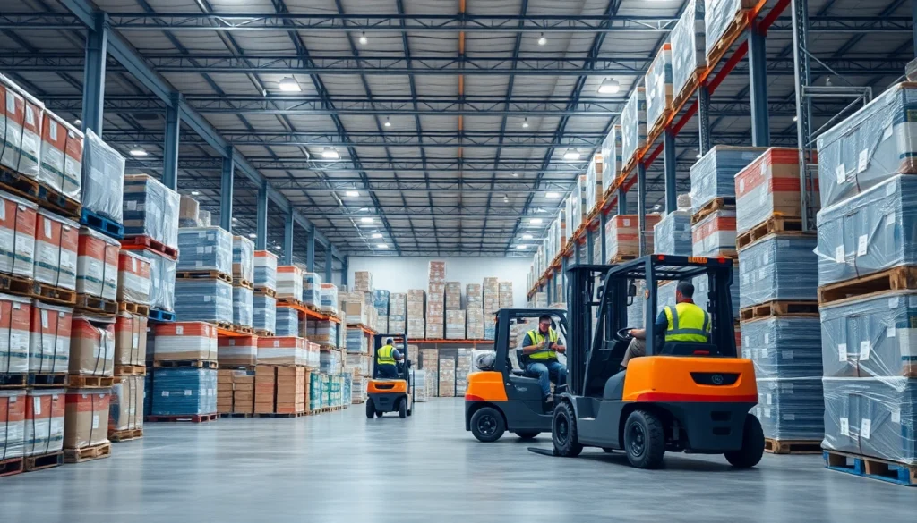 Warehouse setting with workers organizing inventory in a busy, bright storage facility.