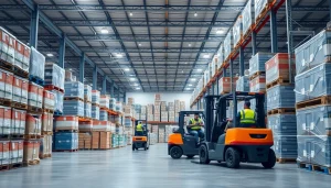 Warehouse setting with workers organizing inventory in a busy, bright storage facility.