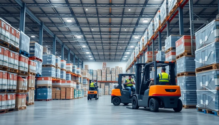 Warehouse setting with workers organizing inventory in a busy, bright storage facility.
