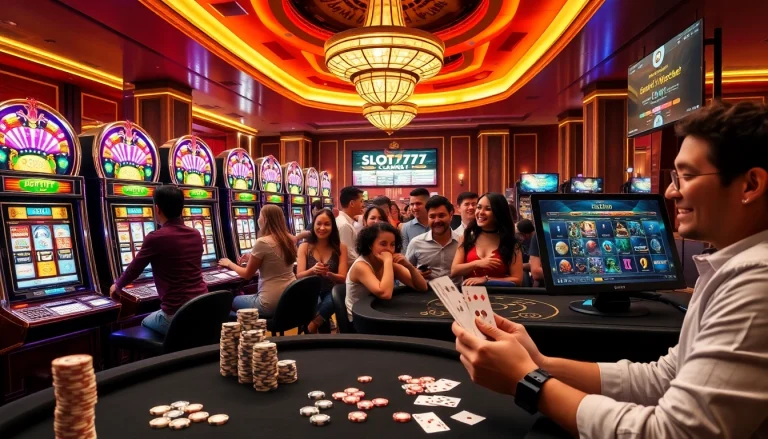 Experience the thrill of Slot777 gaming with vibrant slot machines and excited players in a glamorous casino.