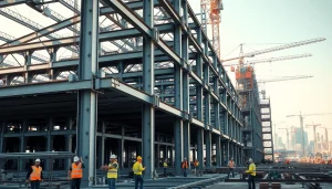 Workers engaging in structural steel construction with beams being assembled on site.