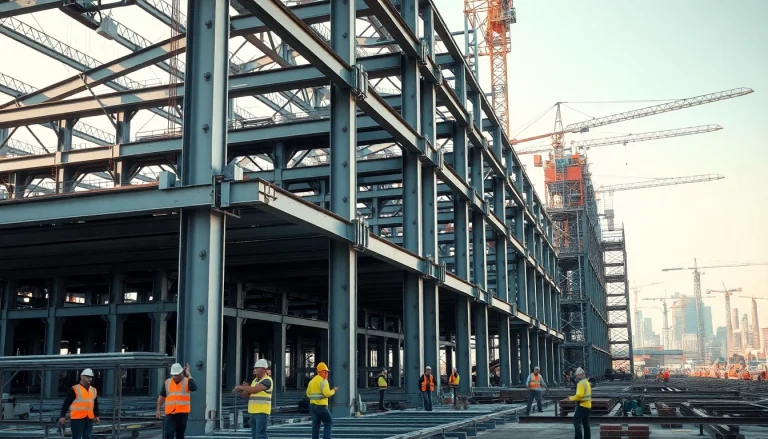 Workers engaging in structural steel construction with beams being assembled on site.