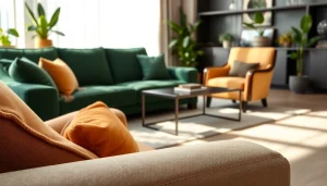 Een stijlvolle woonkamer met meubels bekleed met skai leer in diverse kleuren.