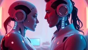 Close interaction between a user and AI companion, exploring the concept of ai sex in a futuristic setting.