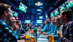 Engaged bettors enjoying Georgia sports betting experience in a lively bar atmosphere.