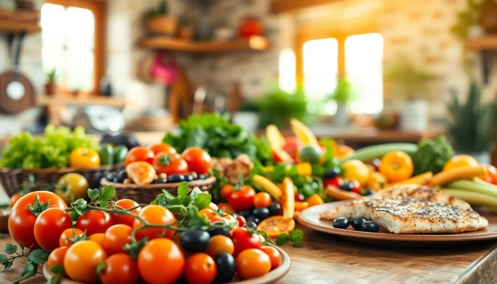 Delicious Mediterranean diet spread showcasing fresh vegetables, fruits, and lean proteins.