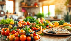 Delicious Mediterranean diet spread showcasing fresh vegetables, fruits, and lean proteins.