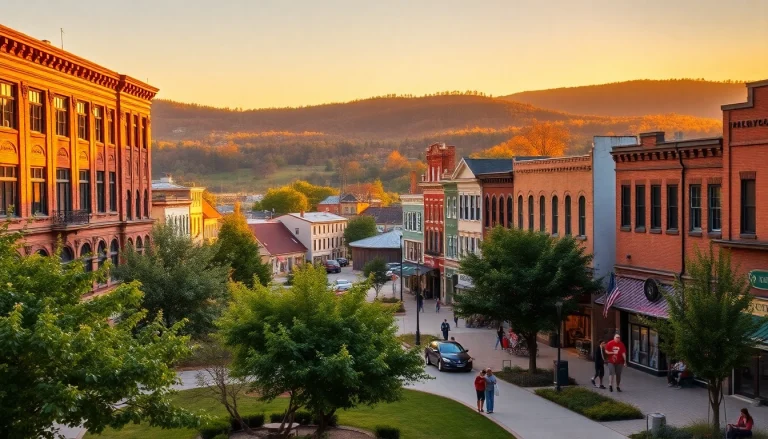 Clarksburg's charming downtown with historic buildings and community park during sunset.