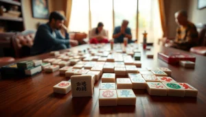 Permainan demo mahjong yang menarik dengan ubin berwarna-warni di atas meja kayu.