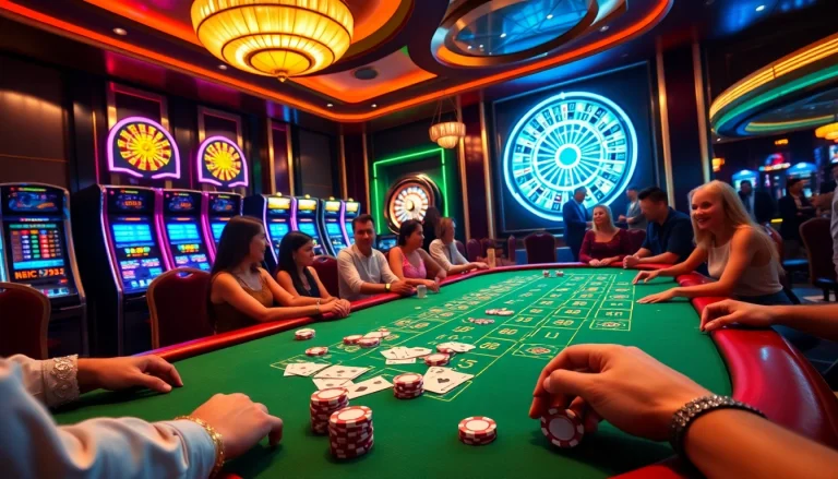 Players enjoying baccarat at a luxury casino linked to https://xx88.us/, with vibrant colors and excitement.