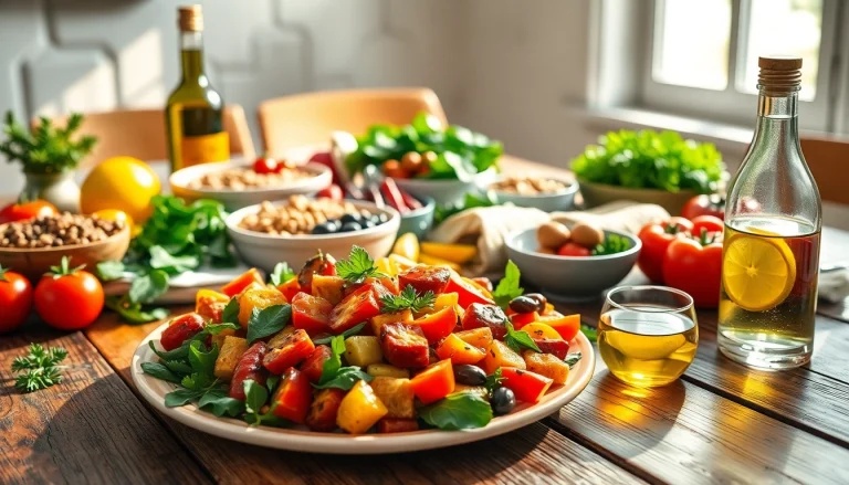 Showcase a delicious Mediterranean diet with vibrant vegetables, fish, and grains on a wooden table.