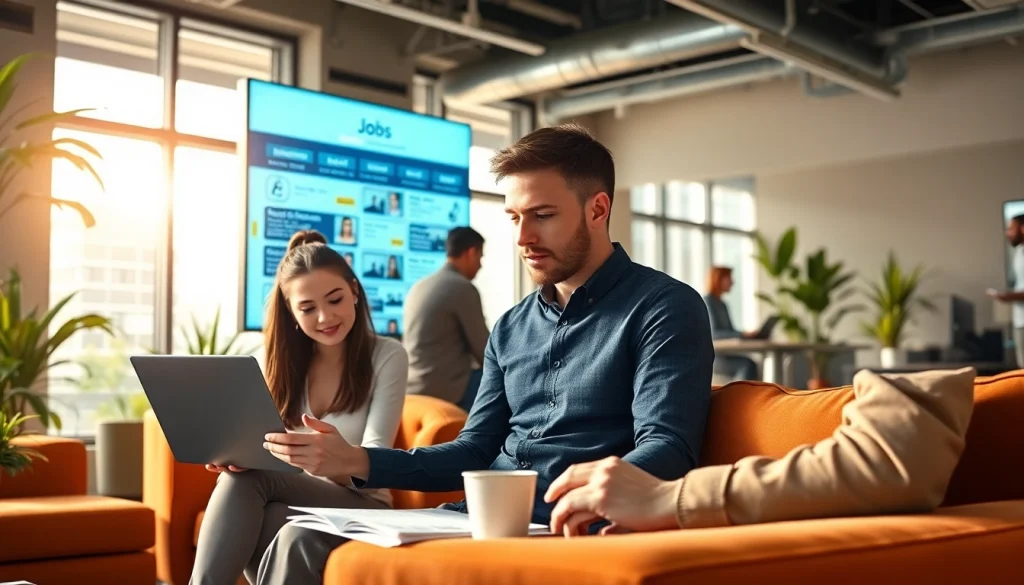 Job Search scene showing diverse professionals collaborating in a modern workspace.