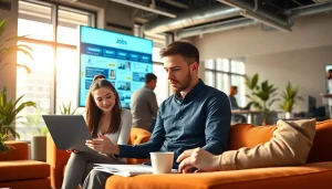 Job Search scene showing diverse professionals collaborating in a modern workspace.