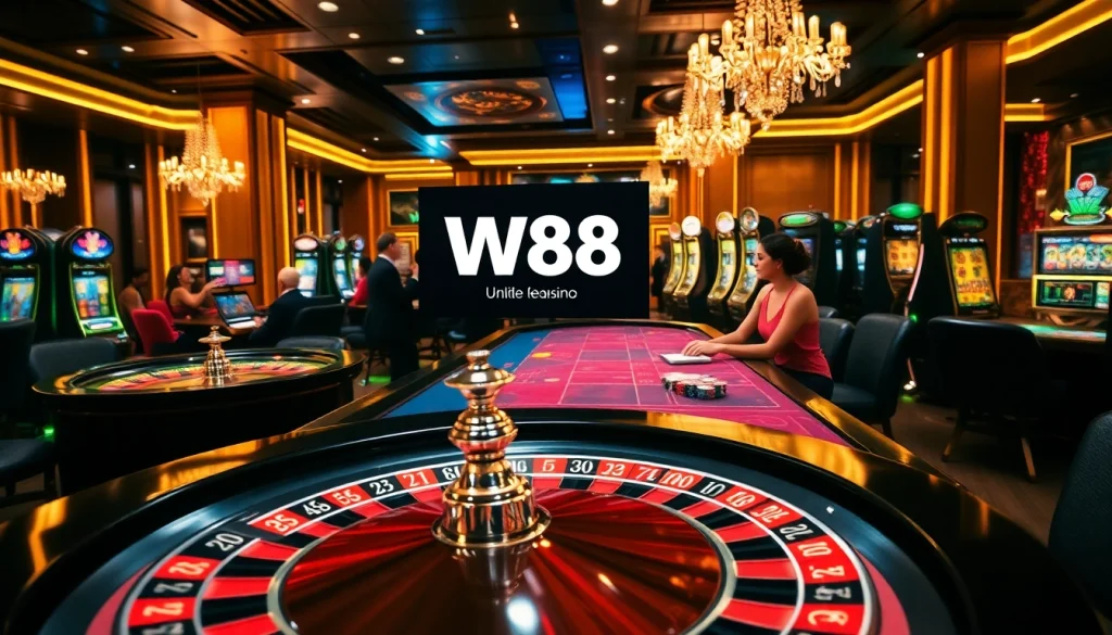 Engaged players enjoying a luxurious casino experience with a link to W88 prominently displayed.